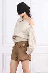 Sweat-shirt à épaules dénudées avec fermetures éclair - Beige